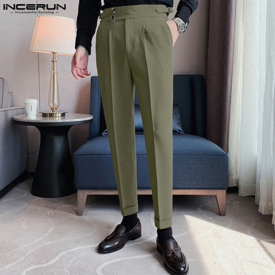 INCERUN กางเกงลำลองทรงฮาเร็ม Chino เอวสูงสำหรับผู้ชายกางเกงขายาวสำหรับธุรกิจอย่างเป็นทางการแบบพอดี (สไตล์เกาหลี)