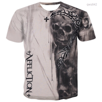 T-shirt (สต็อกเพียงพอ) New summer mens skull 3D printed short-sleeved fashion personality creative round neck comfortable T-shirt topsคุณภาพสูง size:S-5XL