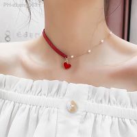 Vintage Red Velvet Choker Necklace Elegant Heart Pendant Pearl Necklace For Women Girls Party Jewelry