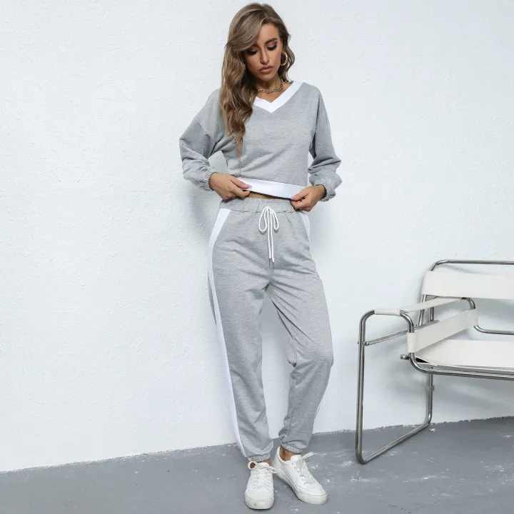 Casual 2 Piece Running Outfits Women Grey Sportswear Long Sleeve Pullover  Tops+Side Stripe Jogger Trousers Female Tracksuits | Lazada PH