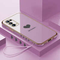 (คลังสินค้าพร้อม) เคสเคสมือถือสำหรับ OPPO Reno 5 Reno5 5กรัมพร้อมสายคล้อง + กรอบขอบสี่เหลี่ยมหัวใจคนรักชุบฝาหลังแบบนิ่ม