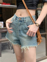 Celana Pendek Denim ผู้หญิงเอวสูงลดไขมันพู่ย้อนยุคฤดูร้อนเข้ากับทุกชุด