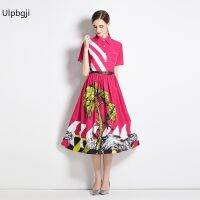 Large Swing Fashion Dress Short Sleeve Printed Temperament A- line Dress With Belt