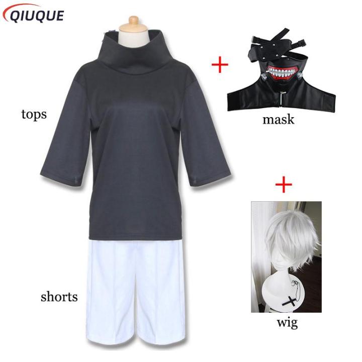 Anime Tokyo Ghoul Kaneki Ken Cosplay Costume Wig Mask Tops Shorts Men Women  Halloween Party Outfit 