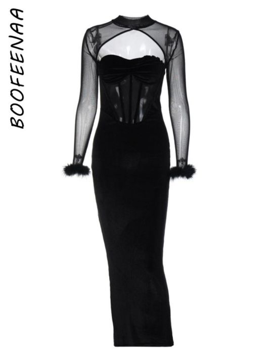 boofeenaa-ชุดชุดรัดตัวสีดำกำมะหยี่สำหรับงานเลี้ยงตอนเย็นมีขนนกแขนยาวตาข่ายของมาใหม่-c16-dz30-2023