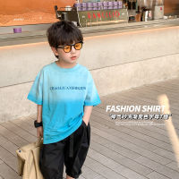 Childrens 2023 Summer Sand Wash Printed Short-Sleeved T-Shirt Trendy Boys Baby Western Style Gradient Color Crewneck Letter Top