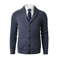 Mens Shawl Collar Cardigan Sweater Slim Fit Cable Knit Button up Merino wool Sweater with Pockets