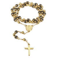 6mm Rosary Jesus Christ Cross Pendant Necklace Gold Black Tone Stainless Steel Bead Long Chain Women Men Fashion Jewelry KN434