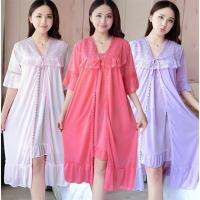 Baju Tidur Perempuan ชุดนอน2 In 1,ชุดนอนลูกไม้ผ้าไหมน้ำแข็งฟรีไซส์บางชุดนอนผู้หญิงชุดนอน