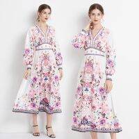 Women Dress Spot Real  Elegant Long Sleeve  Vintage Printed Flower Maxi Dress V-neck