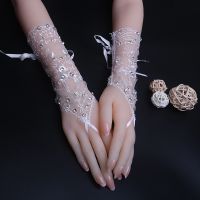 ◐☄ ST35/ Length24cm white lace rhinestone gloves fingerless gloves fingerless wedding gloves Lace beaded wedding match