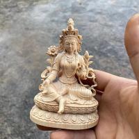 10.8x7.3x5.3cm Handmade Buddhist Boxwod Green/White Tara Buddha Carving Collect Wealth Hand Pieces Mascot Decorate Crafts