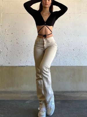 กางเกงยีนส์เอวสูงสไตล์วินเทจสำหรับผู้หญิงกางเกงยีนส์กางเกงยีนส์ขาบานสีกากีสไตล์สตรีทแวร์สำหรับ