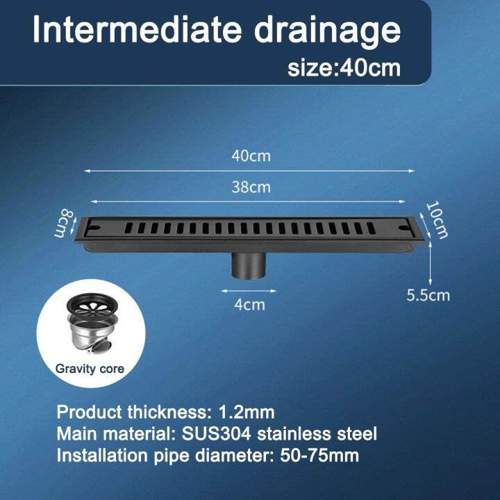 ท่อระบายน้ำฝักบัวด้านข้าง-กลางสีดำ20-100ซม-ห้องน้ำเหล็กสแตนเลสระบายน้ำออกจากพื้นตัวกรองของเสียเชิงเส้นอุปกรณ์เสริมป้องกันกลิ่น