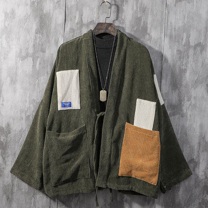 Japan Style Men Corduroy Kimono Jacket Color-blocking Patched