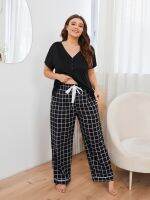 Womens Pajamas Sets Plus Size XL-4XL Clothes Ladies Black Plaid Print Pijamas Home Wear Suit Autumn Fall Sleep Tops 2 Pieces