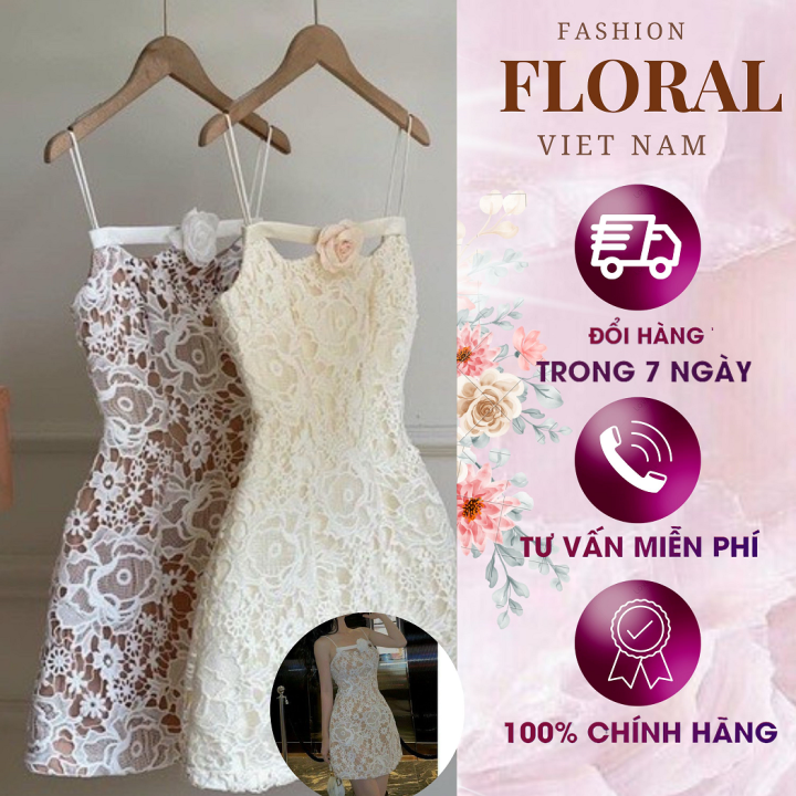 Đầm váy ren nữ dự tiệc 2 dây thiết kế FLORAL DESIGN kèm tag hoa ...