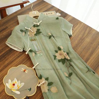2022 elegant lower print qipao loose cheongsam vestidos female party chinese dress traditional chinese cheongsam dress