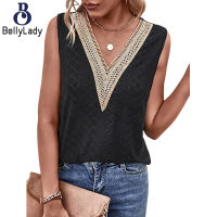 65% Polyester+35% Cotton Spring And Summer New Hollow Lace Deep V-neck Sleeveless Top T-shirt Solid Color Vest【fast】