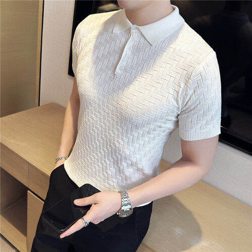ผู้ชายฤดูร้อนลำลองแขนสั้นที่มีคุณภาพสูงถักเสื้อโปโลชายสลิมฟิตผ้าไหมน้ำแข็งลายสก๊อตที่เดินทางมาพักผ่อนเสื้อโปโลท็อปส์-s-3xl