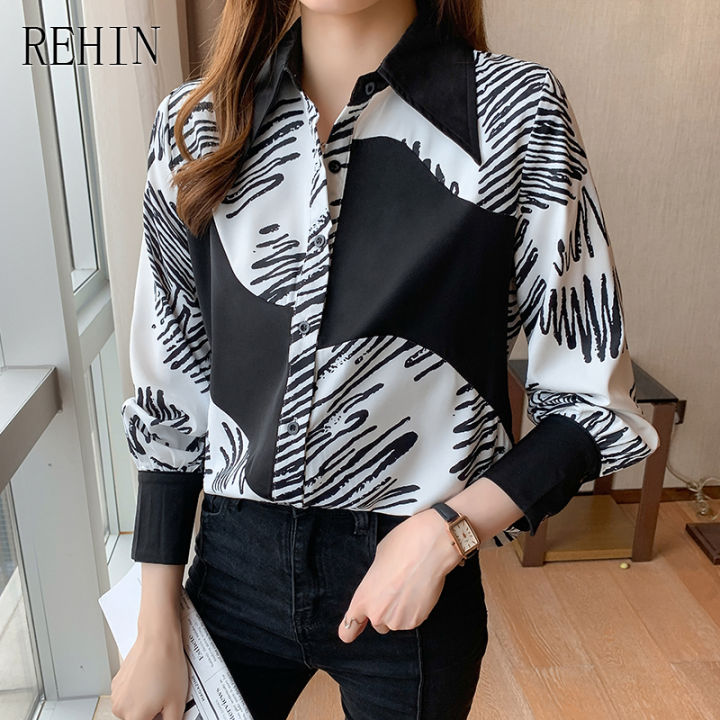 rehin-ของผู้หญิงด้านบนญี่ปุ่นอิดโรยสไตล์เสื้อแขนยาวผิดปกติเฆี่ยนสายกราฟฟิตีปกเสื้อชีฟองหรูหรา