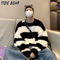 TIDE BEAR เสื้อกันหนาวไหมพรมผู้ชายเสื้อกันหนาวผู้ชายแขนยาวเสื้อสเวตเตอร์แขนยาวผู้ชายทรงหลวมเสื้อกันหนาวลายทาง