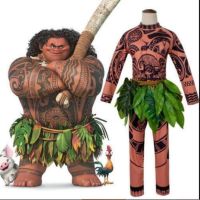 เสื้อยืดลาย Moana Maui สำหรับผู้ชายชุดคอสตูมของผู้หญิงลายสักพร้อมใบไม้ตกแต่งลายชุดคอสเพลย์ฮาโลวีนผู้ใหญ่