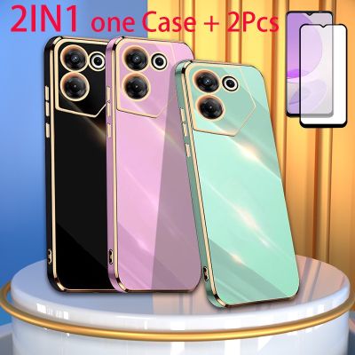 2 IN 1 Tecno Camon 20 Pro 5G Gold Edge Plating Case With Two Piece Curved Ceramic Screen Protector
