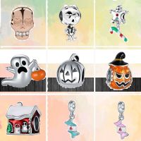 2022 New Skull Girl Ghost Pumpkin Candy Beads Fit Original Pandora Charms Silver Color Bracelet DIY Women Jewelry Halloween Gift