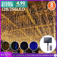 ❄ ?READY STOCK?3.5M 128/256LED Light String Light Waterproof Lampy Raya Lampu Hiasan Fairy light Christmas Lights Curtain Lights Icicle Light with 8 Modes Solar Garland Outdoor Wedding Party Festival Decor Light