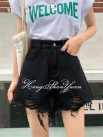 HengShanYuan Celana Pendek Denim หญิง Ins สีดำเอวสูงอเนกประสงค์ขากว้างหลุมหลวม