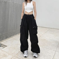 Women Big Pockets Cargo Pants Y2k High Elastic Waist Drawstring Baggy Trousers Vintage Casual Loose Side Zipper Straight Pants