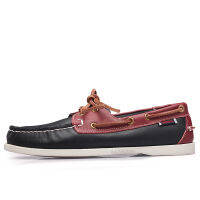 Docksides Sebago ต้นฉบับหนังแท้ผู้ชายรองเท้าขับรองเท้าคลาสสิกรองเท้าเรือเฟอร์รี่และรองเท้าแบนรองเท้าเรือรองเท้านันทนาการ(สีฟ้าสีแดง)