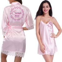 Customized Name Wedding Women Nightgown Sets 2 Pieces Nightdress Bathrobe Satin Kimono Bath Gown Sleepwear Pink Robes Suit