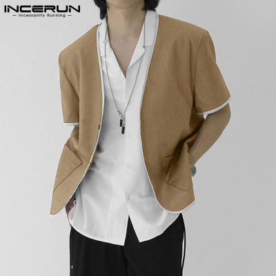 INCERUN เสื้อโค้ทแขนสั้นคอวีสำหรับผู้ชาย,เสื้อคลุมมีกระดุมที่ปลายปกเสื้อเสื้อคาร์ดิแกนสไตล์เกาหลี