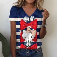 เสื้อผู้ชายลาย Hello Kitty เสื้อยืดพิมพ์ลาย3มิติ2023ผู้หญิง,เสื้อแขนสั้นทรงหลวมแฟชั่นใหม่สำหรับสุภาพสตรีเสื้อยืดคอวี XXS-5XL