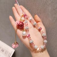 ☈ Trendy Beads Chain Mobile Phone Lanyard Short Cord for Key USB Crystal Bracelet Phone Case Flower Pendant Anti-lost Wrist Straps