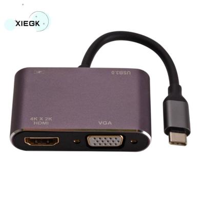 XIEGK สายแปลง Type-C เป็น HDMI 4 in 1 Type-C เป็น HDMI VGA USB C เป็น HDMI อะแดปเตอร์ ขนาดกะทัดรัดกะทัดรัด มัลติฟังก์ชั่ สำหรับคอมพิวเตอร์/โน๊ตบุ๊ค/เมาส์/