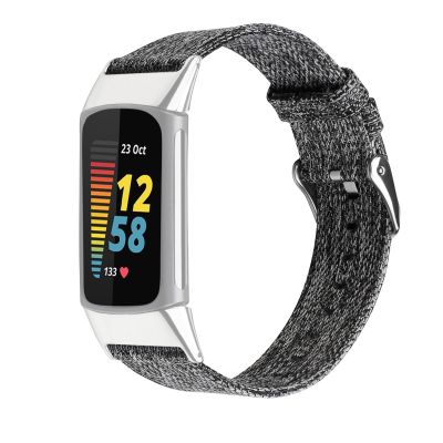 สำหรับไนลอน Fitbit Charge 5สายนาฬิกาผ้าแคนวาส (สีดำสีเทา)