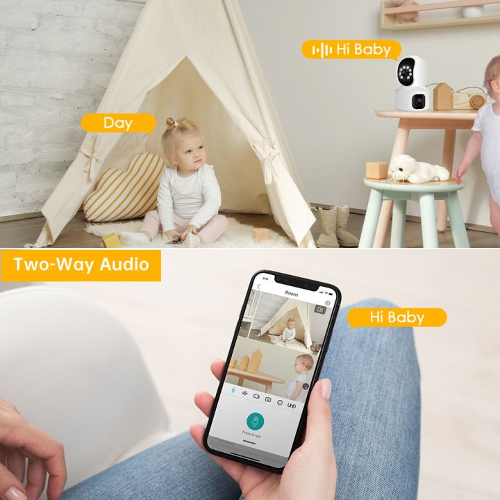 กล้อง-wifi-เลนส์คู่แบบ4mp-จอดูแลเด็กหน้าจอคู่ระบบติดตามอัตโนมัติการตรวจจับมนุษย์ในร่มที่บ้านการบันทึกภาพของกล้องวงจรปิด
