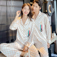 Spot New Product Korean Version Of Couple Pajamas Simulation Silk Comfortable, Breathable Long Sleeves Wearing Home