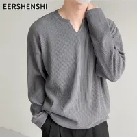 EERSHENSHI เสื้อยืดแขนยาวคอวีแฟชั่นลำลองทรงหลวมเสื้อลายทางสำหรับผู้ชายแขนยาวฤดูใบไม้ผลิและเสื้อกันหนาว