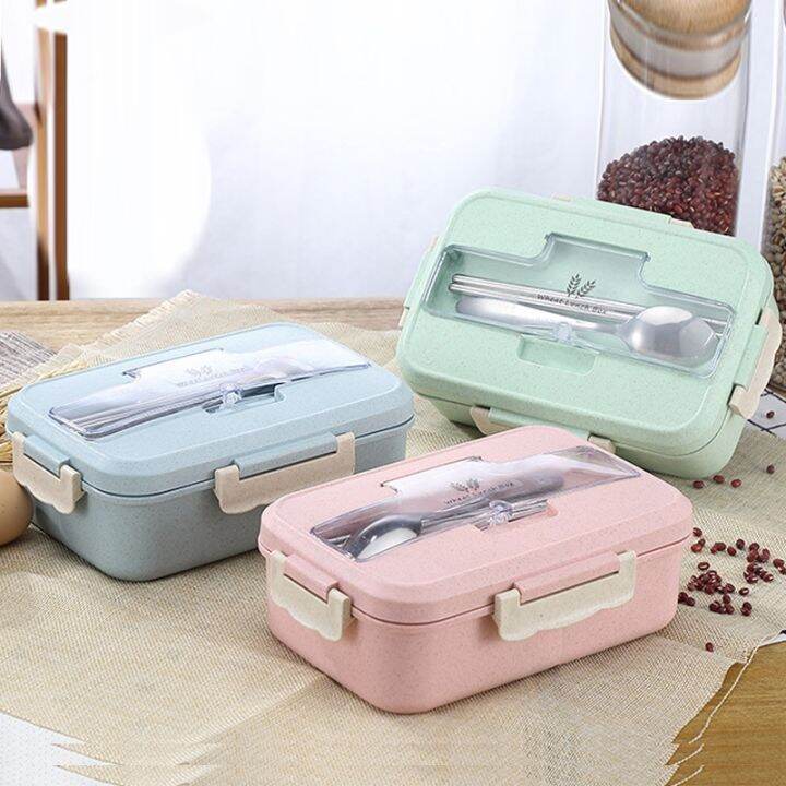 microwave-food-storage-lunch-box-container-with-spoon-chopsticks-wheat-straw-dinnerware-children-kids-school-office-bento-box