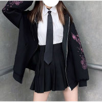 Retro Black Y2K Punk Skull Print Zipper Ribbon Hoodie Super Spicy Ladies Oversized Jacket Tops 90s Streetwear Retro Sweatshirt