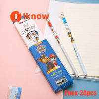 I Know 2กล่อง-ดินสอ PAW PATROL 24ชิ้น,ดินสอการ์ตูน HB พร้อมหัวยางลบสำหรับนักเรียนระดับประถมพร้อมที่เหลาดินสอ (กล่องสีฟ้า)