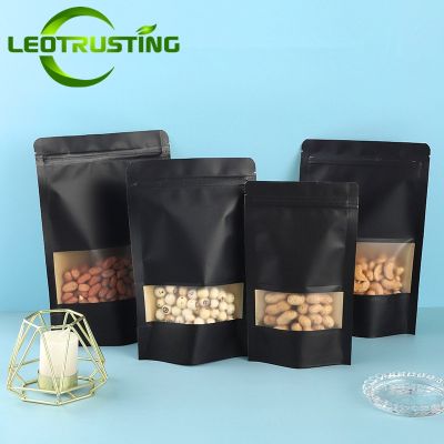 50pcs Stand up Black Paper Frosted Window Ziplock Bag Resealable Snack Biscuit Coffee X-mas Gifts Heat Sealing Packaging Pouches