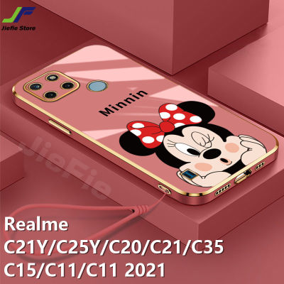 JieFie การ์ตูน Mickey Mouse สำหรับ Realme C15 / C21Y / C25Y / C35 / C11 / C20 / C21 / C11 2021 ซิลิโคน TPU นุ่มน่ารัก Mickey Minnie คู่ตุ๊กตาปลอก + เชือกเส้นเล็ก