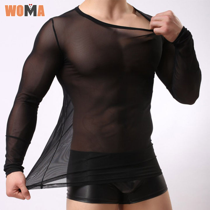 woma-เสื้อยืดตาข่ายคอกลมระบายอากาศบางเฉียบสีดำและสีขาวสีทึบเสื้อสนุกเซ็กซี่