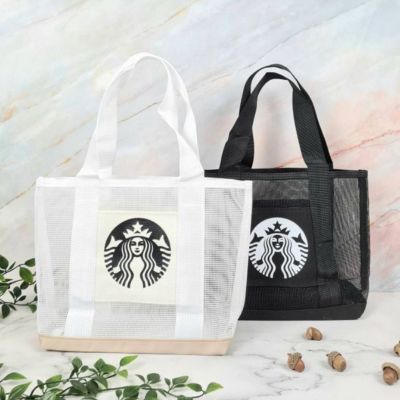 Starbucks กระเป๋าความจุขนาดใหญ่กระเป๋าผ้าใบบริษัทปิคนิคโรงเรียนพร้อมอาหารกระเป๋าทรงสี่เหลี่ยมมีหูหิ้วสะพายไหล่23x33x11cm