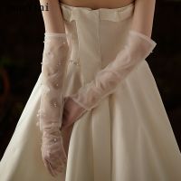 ♙ JaneVini Elegant 54cm Long Beaded Pearls Bridal Gloves Sheer Tulle Full Finger Bride Party Wedding Gloves Handschoenen Dames